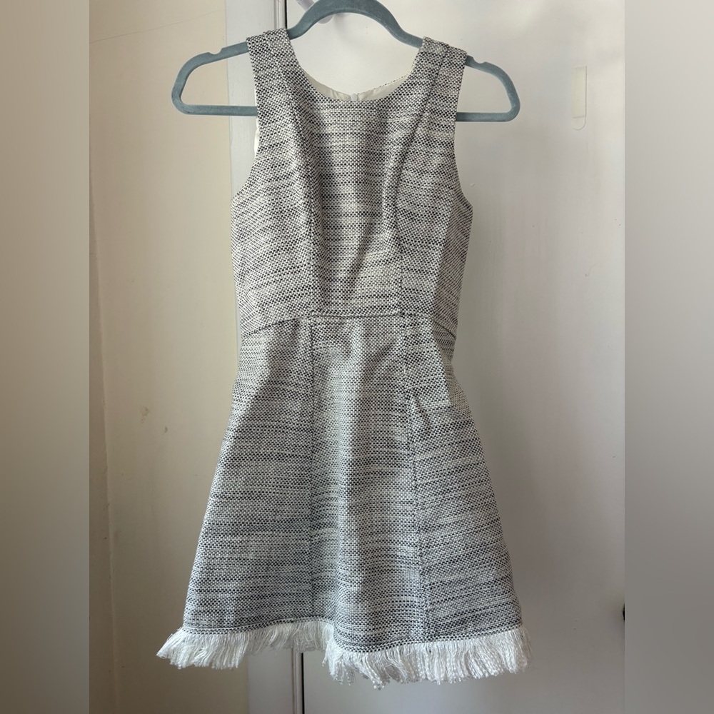 Elegant Gray and White Tweed Sleeveless Dress with Fringe